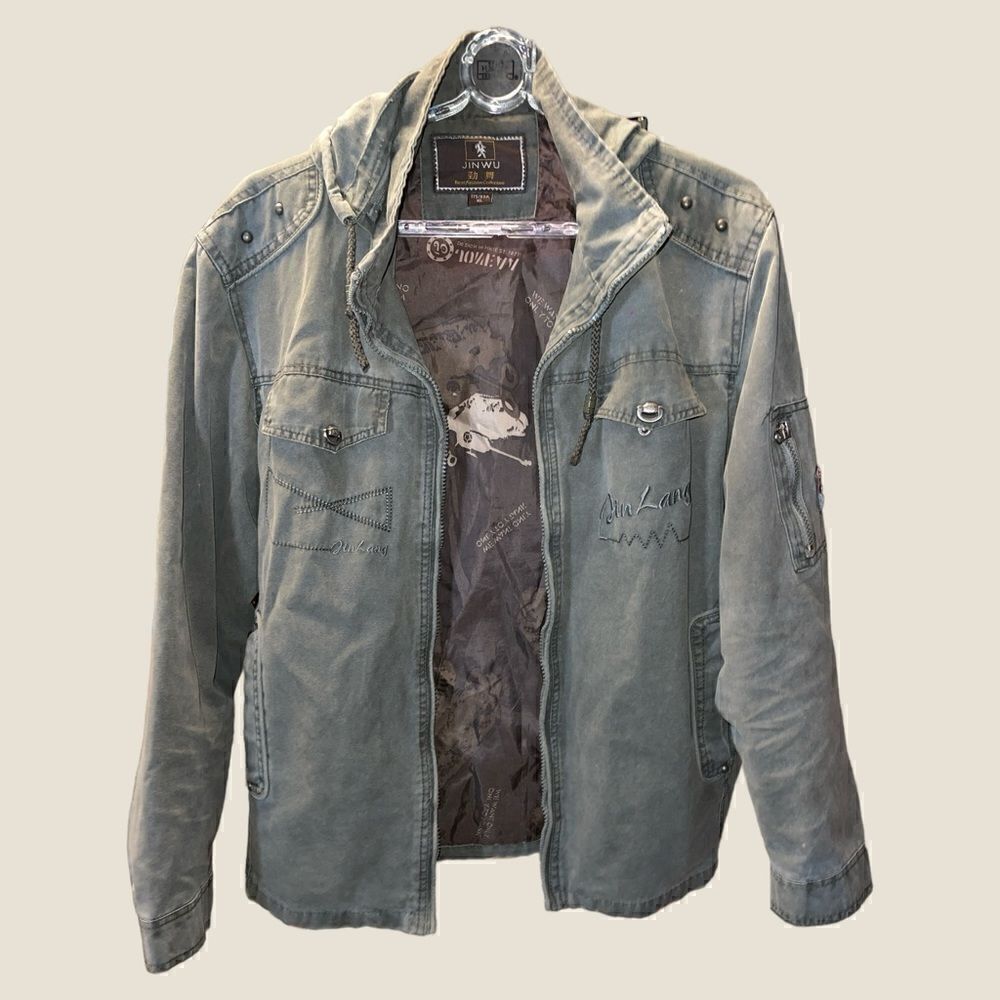 JINWU XL Military Look Jacket Military Green Embroidered patch Zipper Pockets